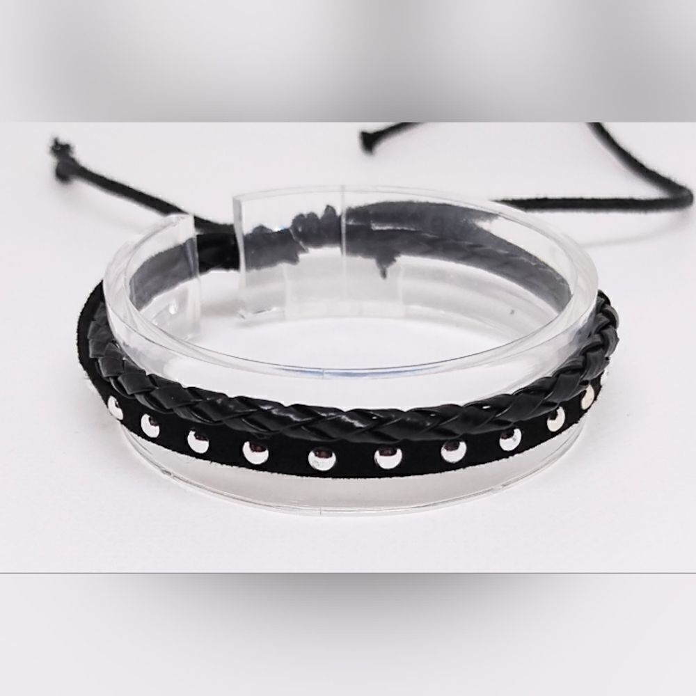 NEW leather‎ bracelet braided layered black e24